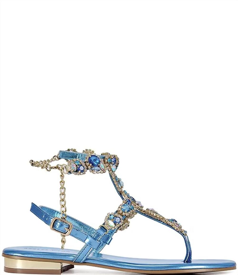 NEW AZALEA WANG women's marinella jewel embellished ankle wrap thong sandals in